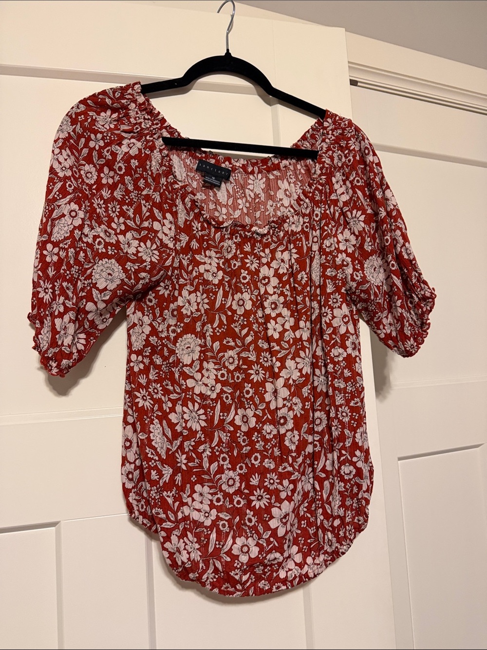Sanctuary Rust Floral Square-Neck Puff Sleeve Blouse